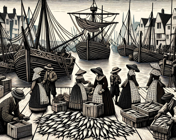 Bustling Historic Port Scene with Fishing Boats and Trade