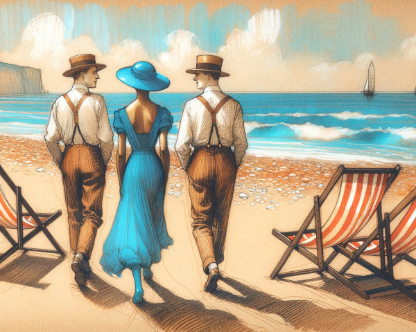 Stylish Trio at Beach with Vintage Attire and Sailboats