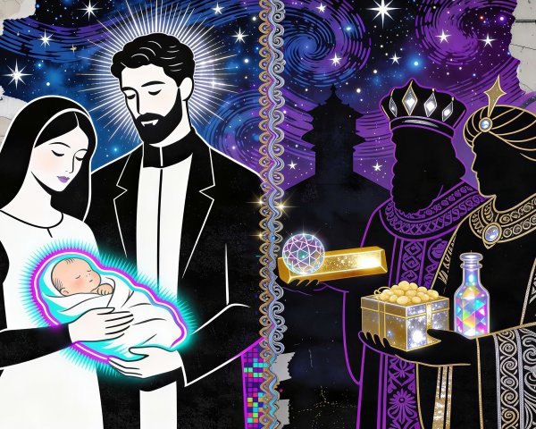 Classical Nativity Scene with Cosmic Background Illustration