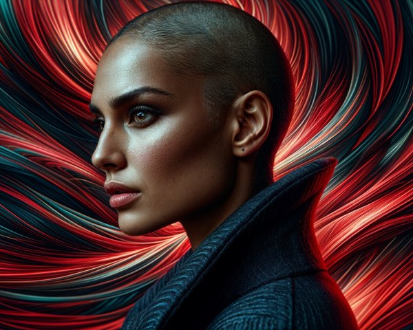Portrait of a Woman with Shaved Head and Bold Makeup