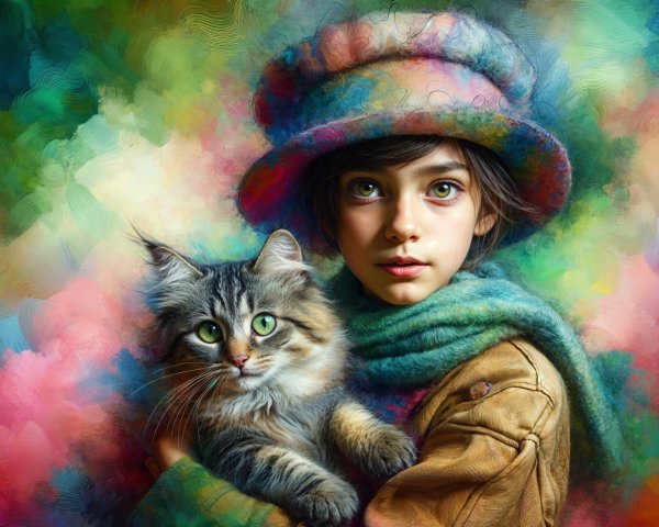 Young girl with cat in colorful, whimsical setting
