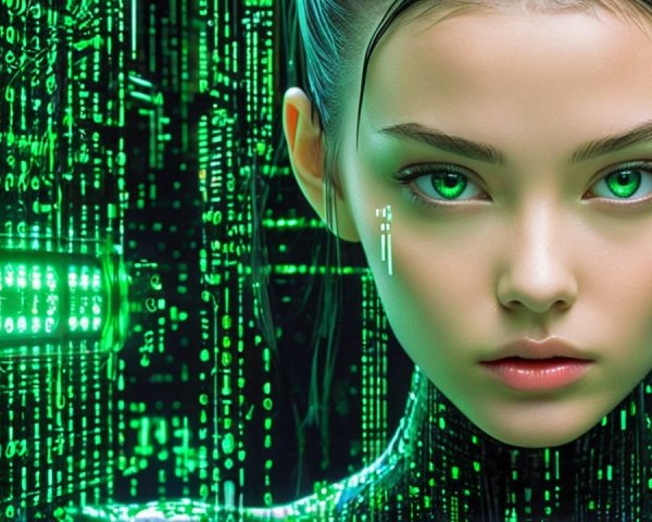Futuristic Digital Landscape with Cybernetic Woman