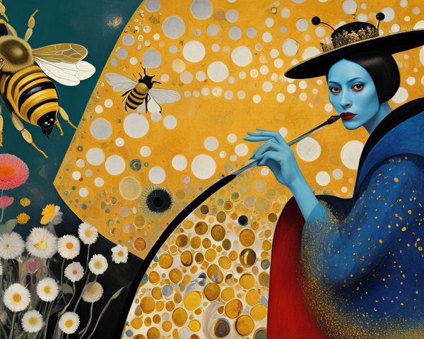 Serene Figure with Blue Skin and Floral Surroundings