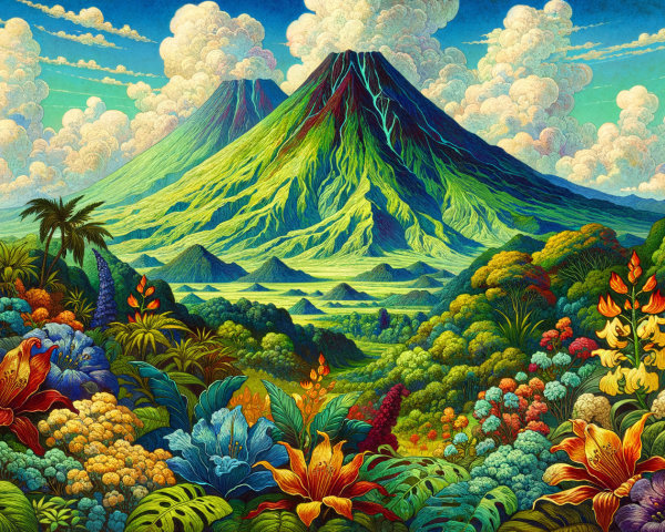 Vibrant Landscape with Majestic Volcanoes and Flowers