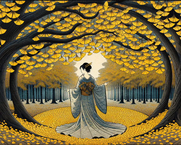 Traditional Kimono Amidst Golden Ginkgo Leaves