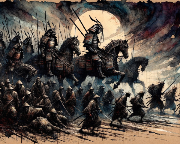 Armored Warriors and Foot Soldiers in Dramatic Battle Scene