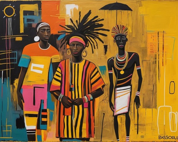 Three Figures in Colorful Attire with Abstract Background