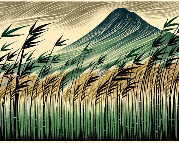 Serene Landscape with Bamboo, Reeds, and Mountains