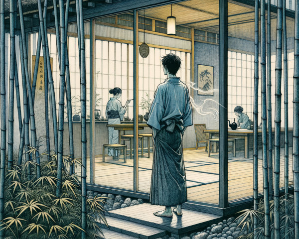Traditional Japanese Tea House Surrounded by Bamboo