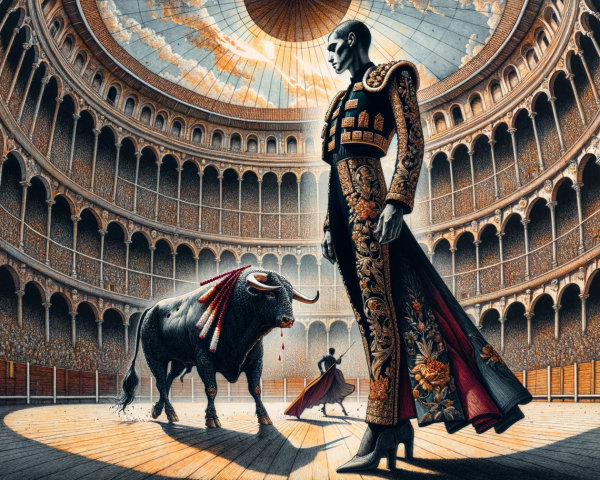 Matador in Traje de Luces Faces Fierce Bull in Arena