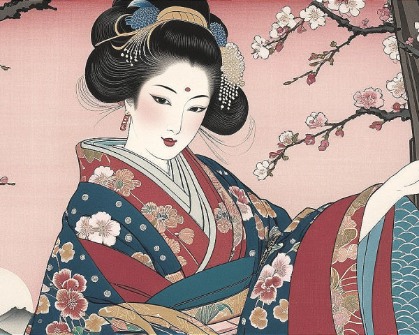 Illustration of a Japanese Woman in Kimono Among Cherry Blossoms