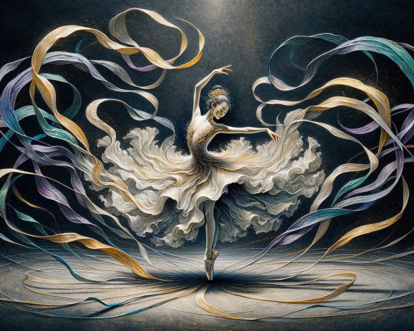 Ballerina in White and Gold Tutu with Colorful Ribbons