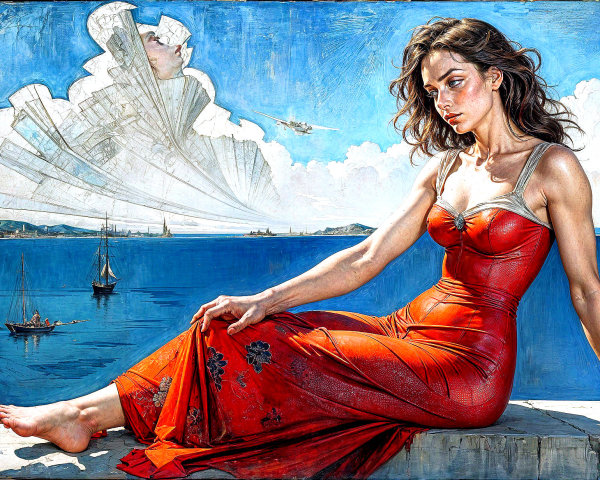 Contemplative Woman in Red Dress by the Sea