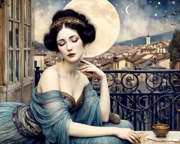 Serene Woman in Flowing Blue Fabrics by Balcony