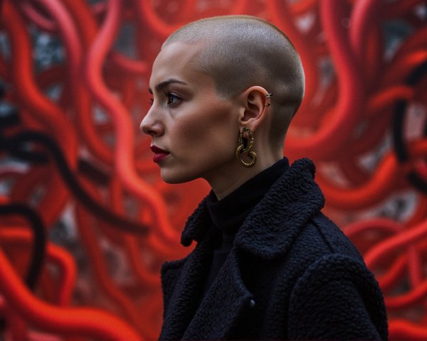 Woman with Shaved Head Against Red Abstract Background