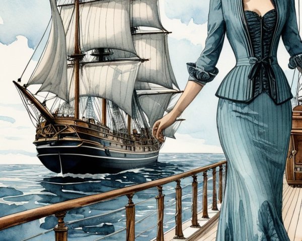 Graceful Woman in Vintage Blue Dress on Ship Deck