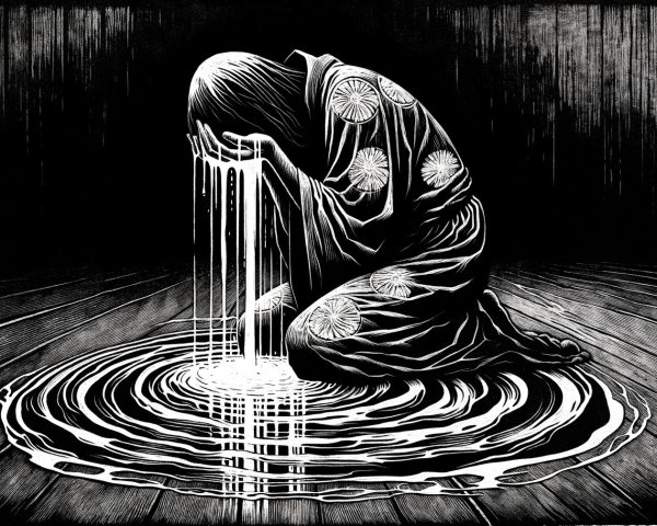 Figure in patterned garment kneeling by swirling water