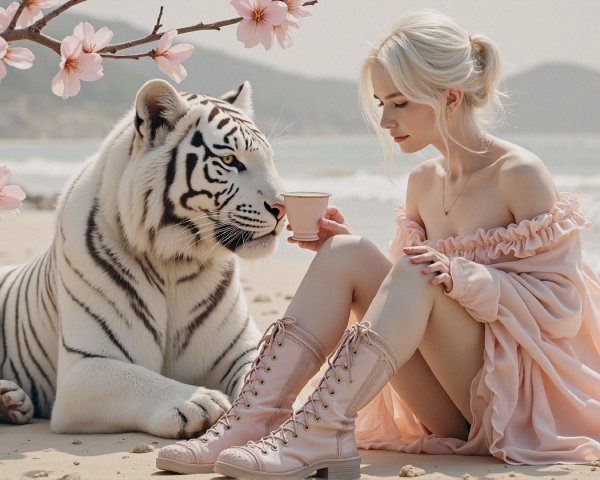 Serene Beach Scene with Young Woman and White Tiger