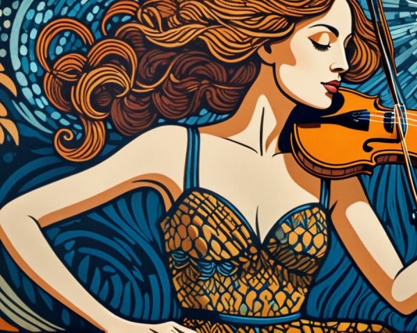 Woman with Red Hair Playing Violin in Vibrant Dress