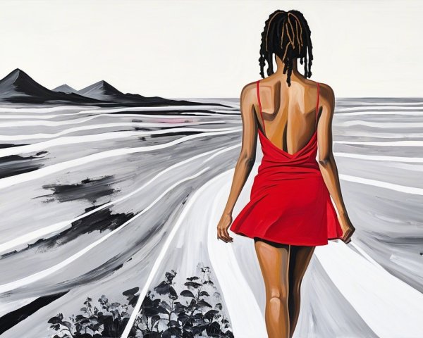 Woman in red dress walking through a monochrome landscape