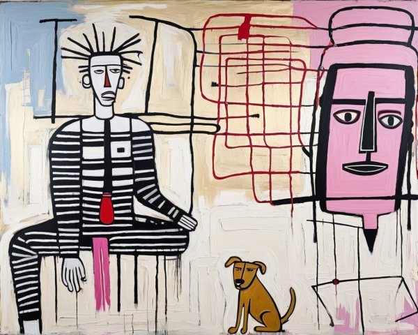Stylized Seated Figure with Abstract Face and Dog