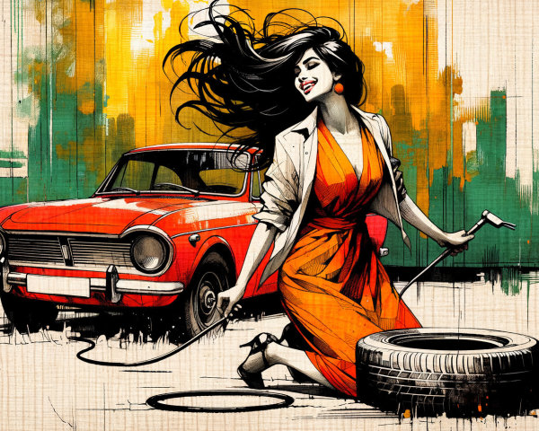 Woman in Orange Dress Inflating Tire by Classic Car