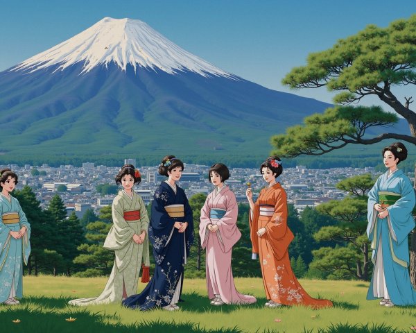 Elegant Women in Kimonos with Mount Fuji Backdrop