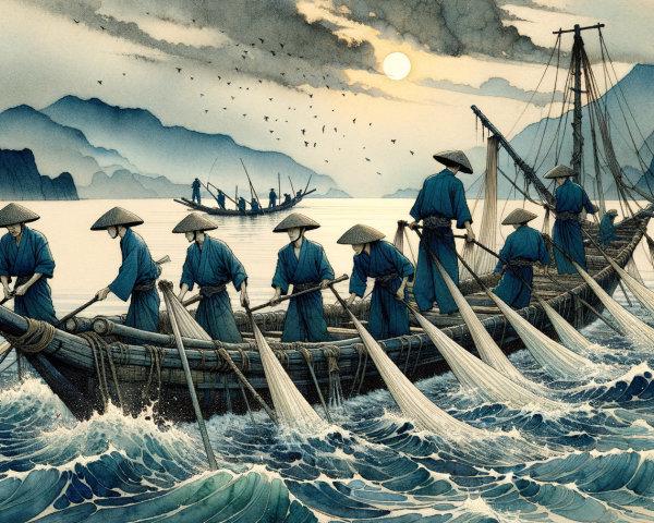 Traditional Fishing Scene on a Serene Riverscape