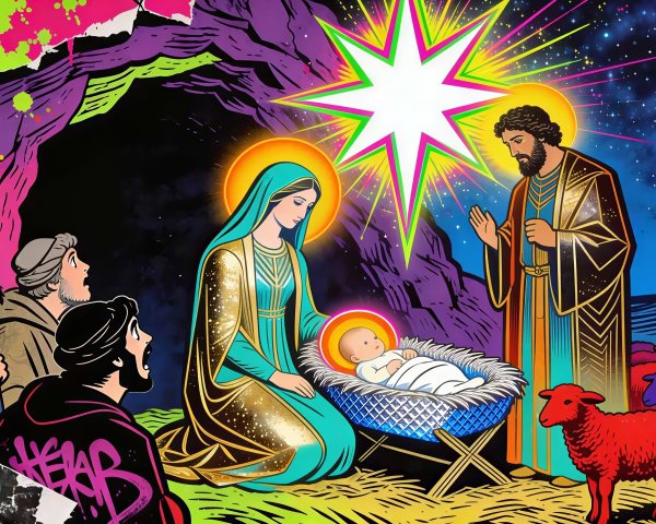 Modern Urban Nativity Scene in Comic Book Style