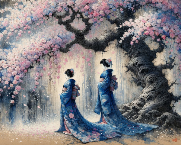 Ukiyo-e Watercolor of Geishas Under Cherry Blossoms