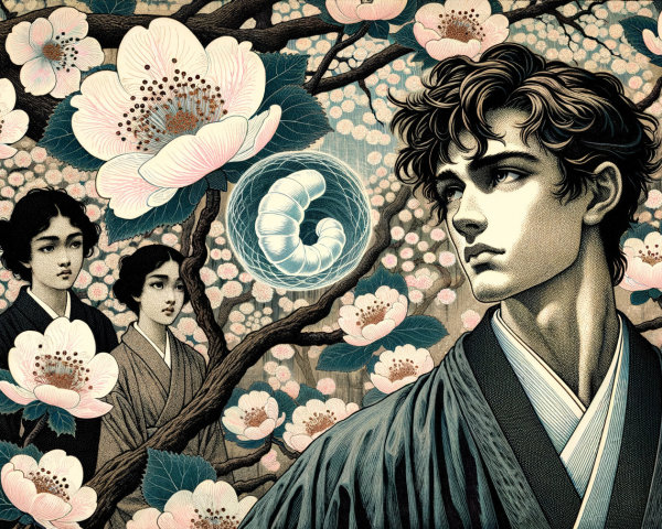 Young man in traditional attire among cherry blossoms