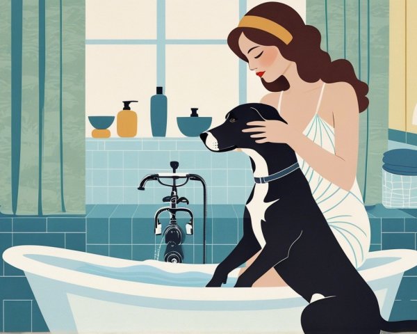 Woman Bathing Dog in Vintage Bathtub with Pastel Tiles
