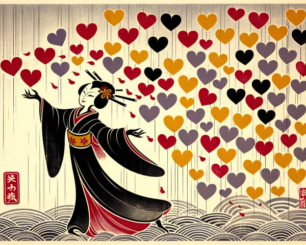 Traditional Kimono Dance Surrounded by Colorful Hearts