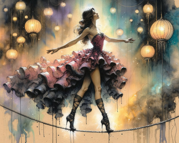 Tightrope Performer in Vibrant Pink Dress and Lanterns
