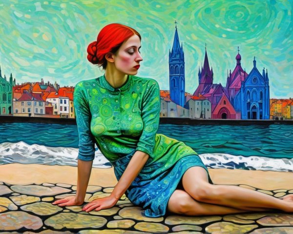 Woman with Red Hair on Cobblestone Shoreline