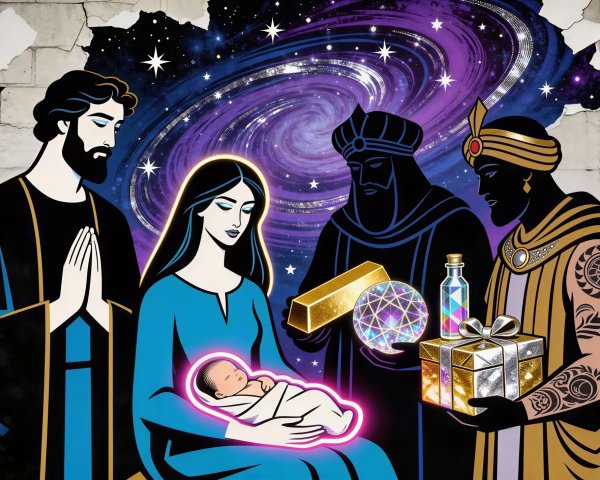 Modern Cartoon Nativity Scene with Galaxy Background