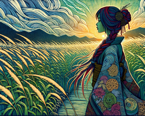 Silhouette of Woman in Kimono at Sunset in Field