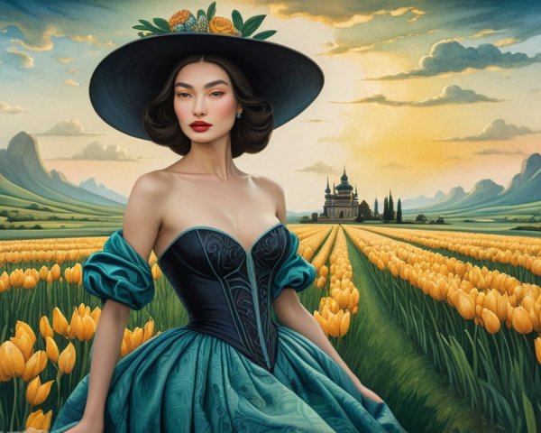 Woman in teal gown among tulips with mountains and castle