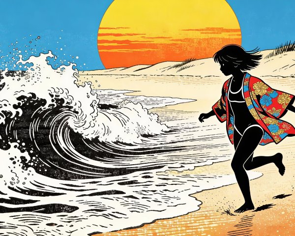 Ink Art Illustration of Woman in Floral Kimono on Beach