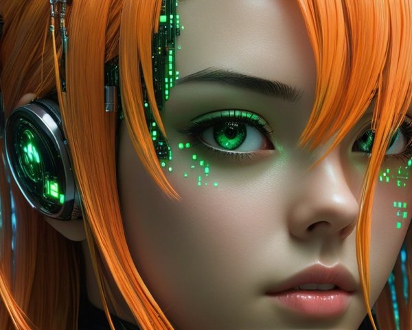 Futuristic Young Woman with Orange Hair and Headphones