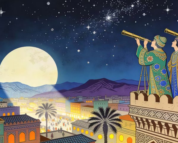 Astrologers Observing Stars from a Tower at Night