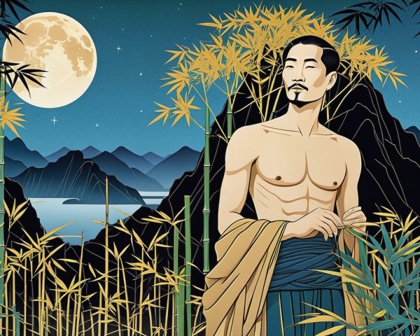 Serene Night Landscape with Bamboo and Mountains
