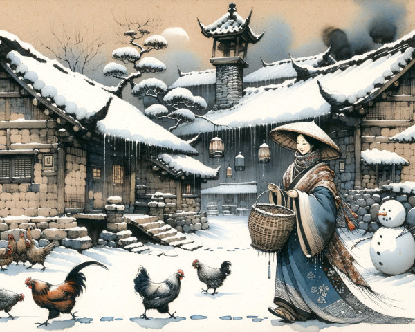 Winter Village Scene with Woman in Traditional Attire