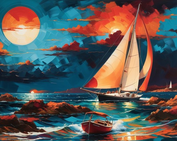 Vibrant Seascape with Sailboat and Dramatic Sky