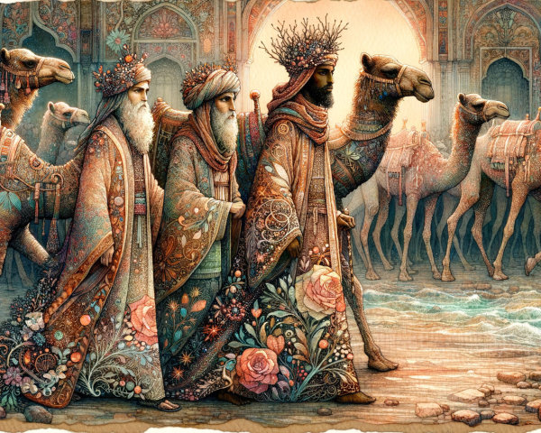 Magi in Colorful Robes with Camels in Ornate City