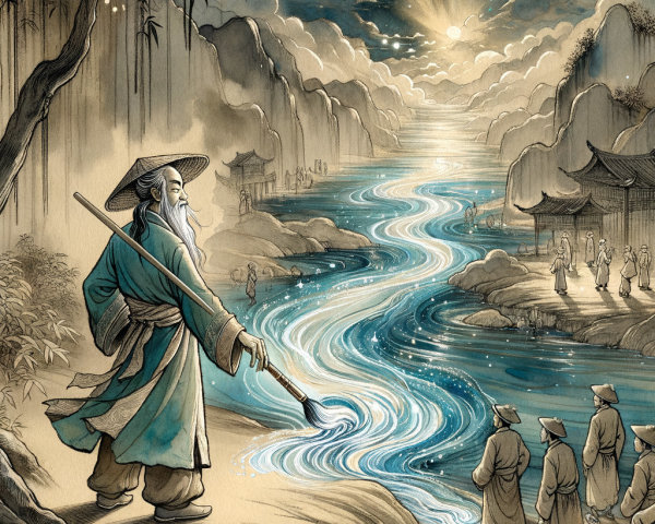 Elderly Sage by Glowing River in Mystical Landscape