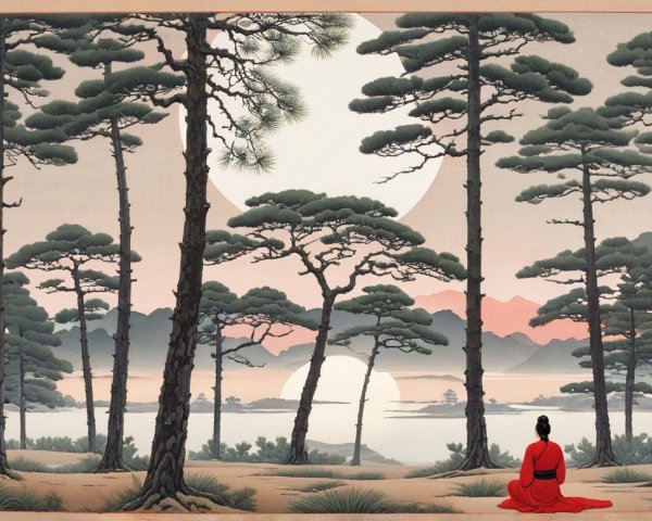 Tranquil Landscape with Pine Trees and Moonlit Water
