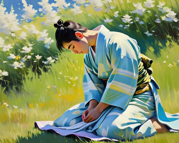 Young person in kimono seated in sunlit meadow