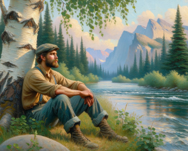 Man by River Under Birch Tree in Tranquil Landscape