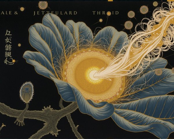 Surreal Flower with Blue Petals and Golden Tendrils